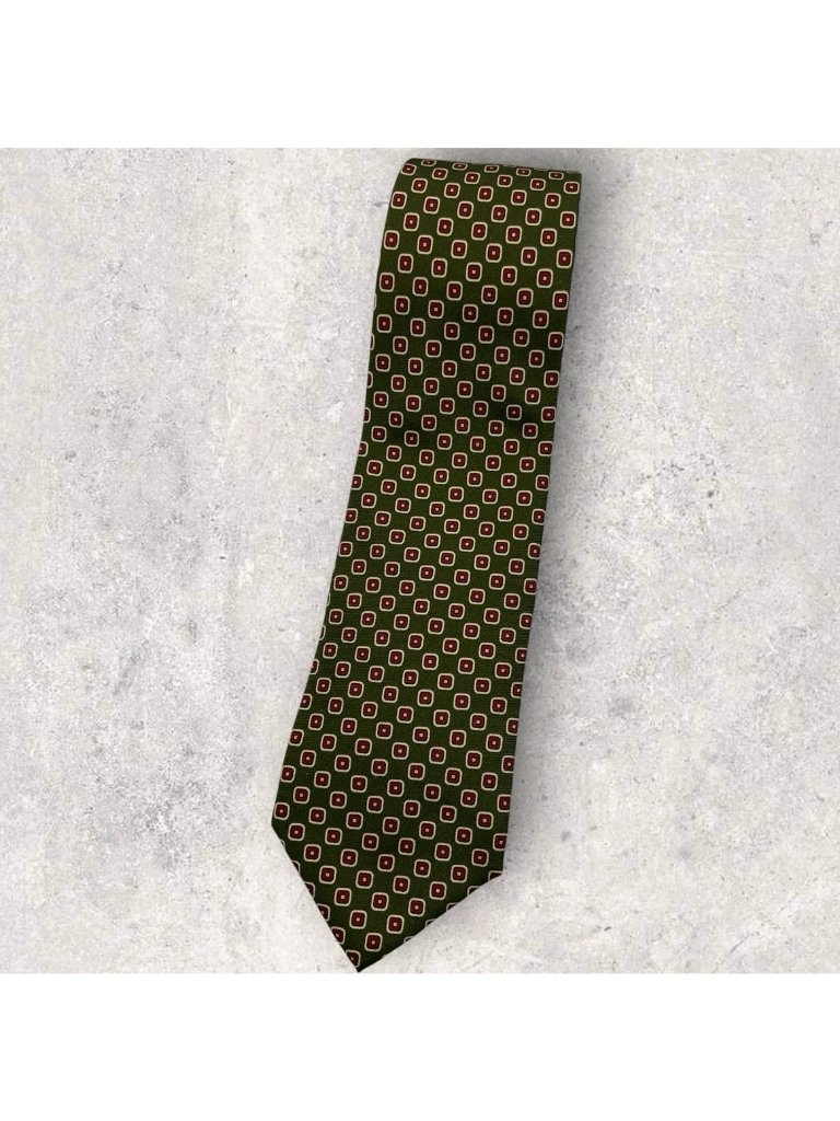 Polo Ralph Lauren Silk Tie Italy Green Burgundy Geometric W:3.6" Euc